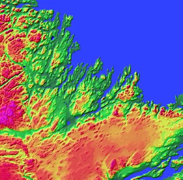 A perspective view with a color shaded relief model