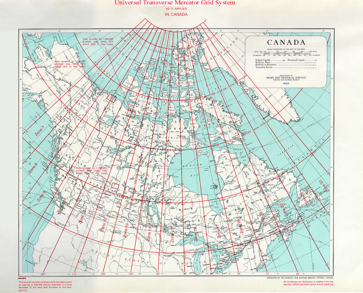 UTM Rows and Zones key map of Canada